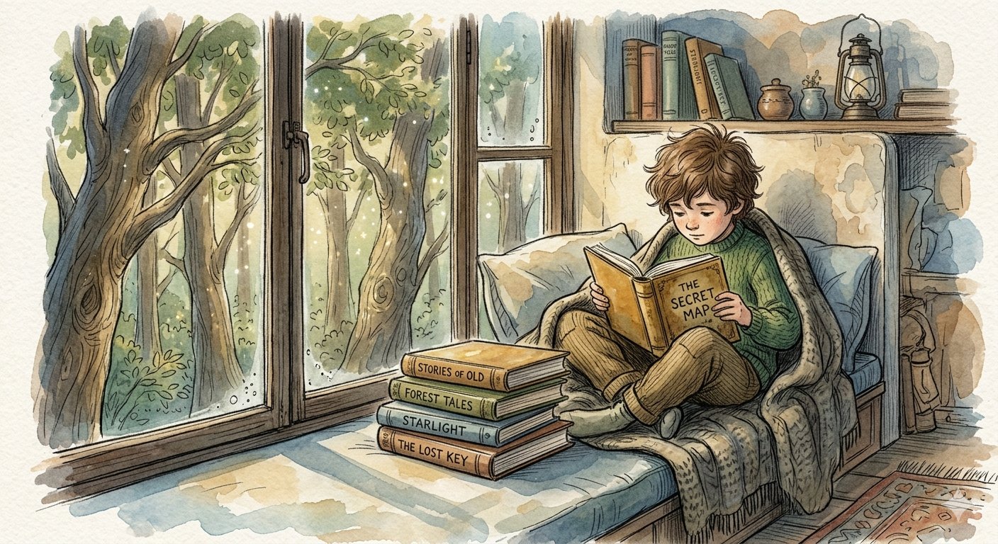 A child in a cozy window seat, wrapped in a blanket, reading a book called The Secret Map, with a stack of storybooks beside him and trees visible through rain-speckled glass.